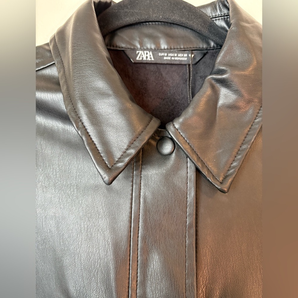Zara Faux Leather Overshirt Black Oversized Snap - Picture 4 of 10